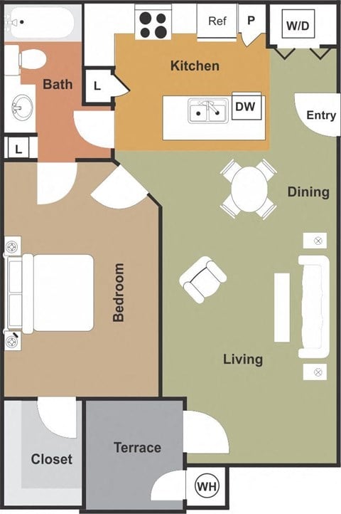 Floor plan for 1 bed, 1 bath, 845 sqft